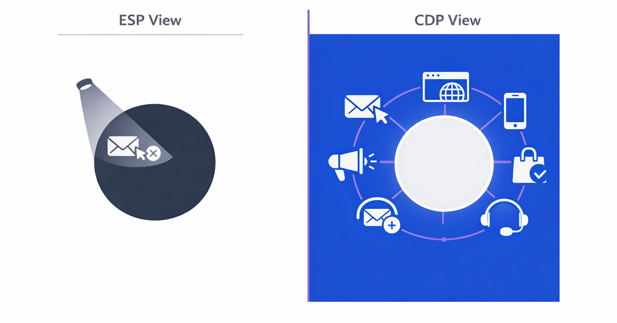 ESP data ceiling: email platforms see 5-10% of the customer vs CDP sees 100%