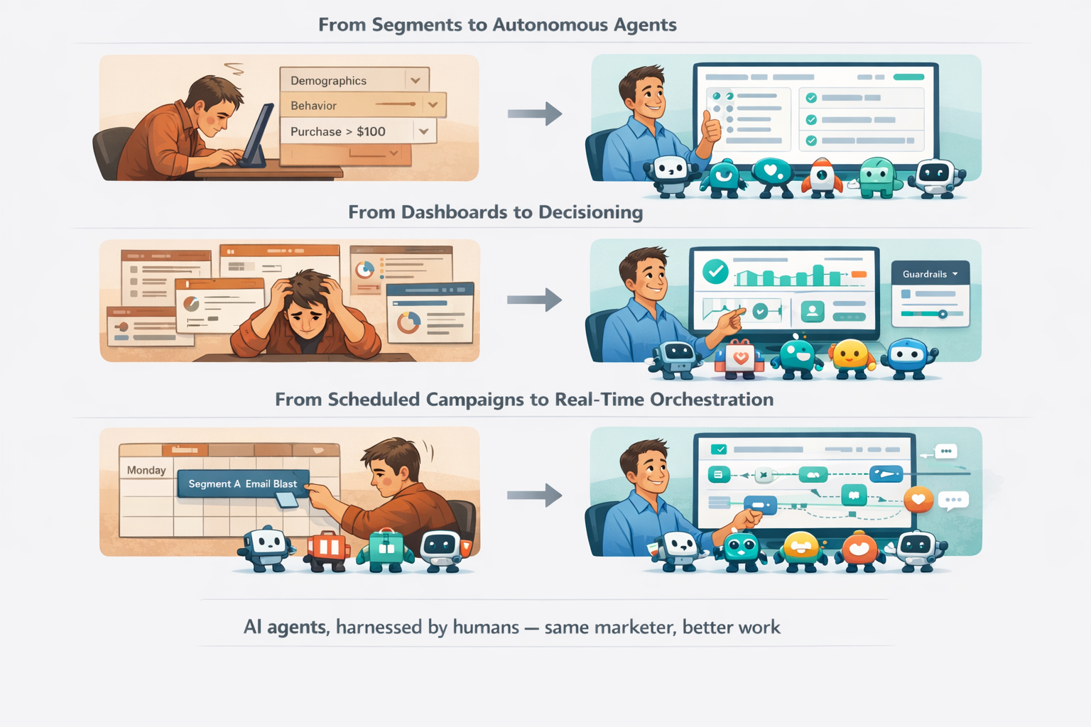 Three shifts in how AI transforms CDPs: from manual segments to autonomous agent discovery, from dashboard analysis to real-time AI decisioning, and from scheduled campaign blasts to continuous real-time orchestration — marketers shift from executors to strategists