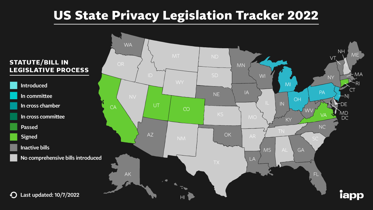 U.S. State Privacy Legislation Tracker from IAPP (Updated October 2022). 